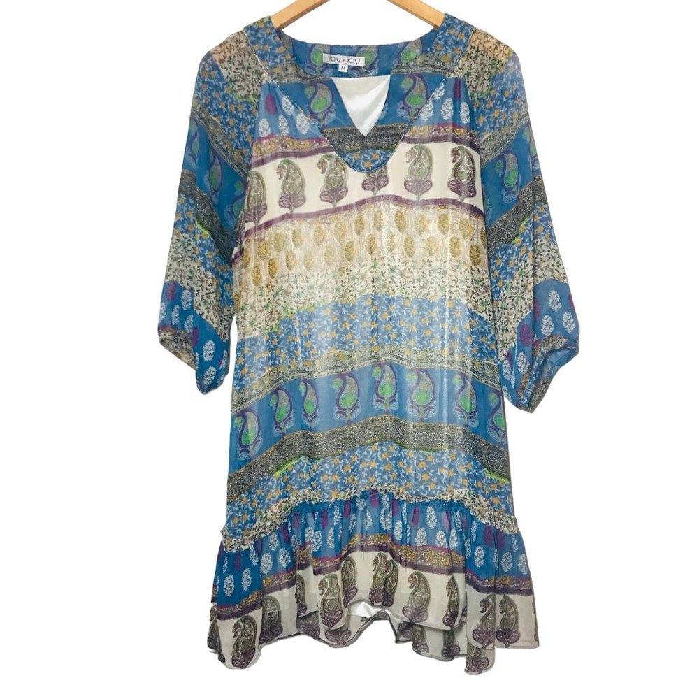 Joy Joy Blue Paisley Floral Drop Waist Mini Dress Size Medium